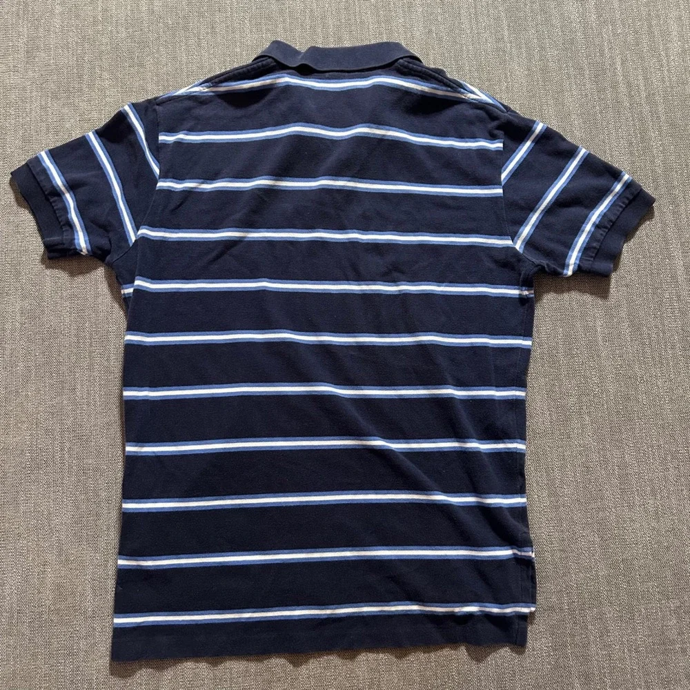 Polo Ralph Lauren Polo Shirt Mens M Navy Blue Striped Cotton Short Sleeve Pique